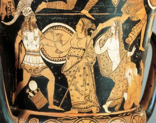 Keramik med röda figurer, detalj av krater som visar Menelaos inför Afrodite när han når Helen, från Civita Castellana, antika Falerii, Rom-provinsen, Italien