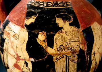 Keramik med röd figur, pelike föreställande ung flicka som erbjuder granatäpple, restaurerad av Sommavilla Painter