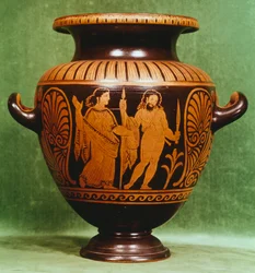 Stamnos, keramik med röda figurer från Vulci (Lazio). Etruskisk civilisation, 400-talet f.Kr.