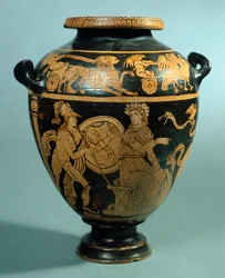 Stamnos, keramik med röda figurer från Vulci (Lazio). Etruskisk civilisation, 400-talet f.Kr.