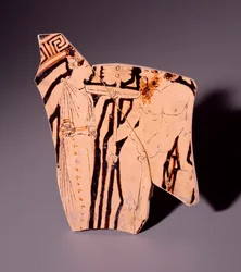 Terrakottafragment av kylix föreställande en maenad och en satyr, 350 f.Kr