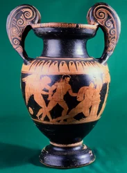 Volute krater av målaren av Mainz, föreställande en krigare och en amazon. Keramik med röd figur. Etruskisk civilisation, 400-talet f.Kr.
