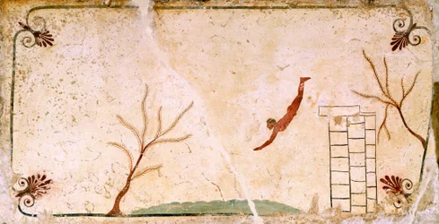 dykare, cirka 480-490 f.Kr., dekorativ fresk från täckplattan i dykarens grav i Paestum, Kampanien, Italien, 500-talet f.Kr.