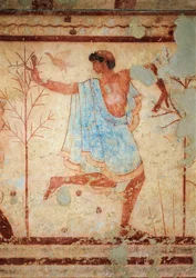 Tricliniums grav, detalj av fresk som föreställer en dansare, Tarquinia, Italien (väggmålning)