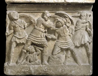 Etruskisk konst: "" Eteocle and Polynice""" de två bröderna, son till Oidipus, Basrelief av en sarkofag av Chiusi, 300-talet f.Kr. - Palermo, Museo Archeologico Nazionale - Duell mellan bröderna Eteocles och Polynices, söner till Oidipus - Bas -lättnad, de