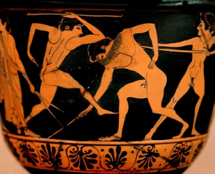 Etruskisk konst: pyxis dekorerar en palestra-scen, idrottare tränar spjutkastning från Cerveteri. Rom, Museo di Villa Giulia
