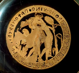 Etruskisk civilisation: detalj av en kylix som representerar Ariane (Ariadne) och Dionysos. Från Necropolis Falerii Veteres. Rom, Villa Giulia