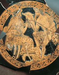 Rödfigurig keramik, inre dekor av en krater föreställande Poseidon och Amphitrite, etruskisk civilisation