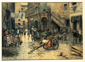 Italien, Rom, gatuliv på Via Capocciuto i Roms judiska getto av Ettore Roesler Franz