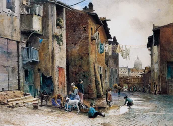 Medeltida hus på Via della Lungaretta i Rom, av Ettore Roesler Franz (1845-1907), akvarell, Italien