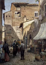 Pierleonis gamla hus i Rom, akvarell av Ettore Roesler Franz (1845-1907), Italien