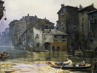 Via della Fiumara översvämmad i Rom, av Ettore Roesler Franz (1845-1907), akvarell, Italien