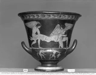 Attic röd-figur calyx krater föreställande Hypnos och Thanatos bär kroppen av Sarpedon (keramik)