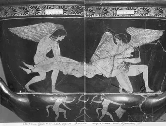 Attic röd-figur calyx krater föreställande Hypnos och Thanatos bär kroppen av Sarpedon