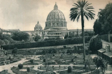 Vatikanens trädgårdar och Peterskyrkan, Rom, Italien, 1927