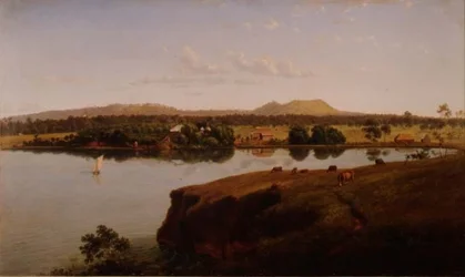 Vy över Purrumbete Station som ser nordväst. Mount Leura och Mount Sockertoppen i fjärran, Australien