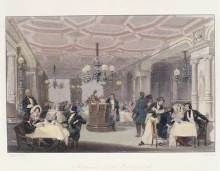 Frankrike, Paris, interiör av Les Trois Freres Provencaux Restaurant med dess inredning från restaureringstiden, från Winter in Paris, av Eugene Lami
