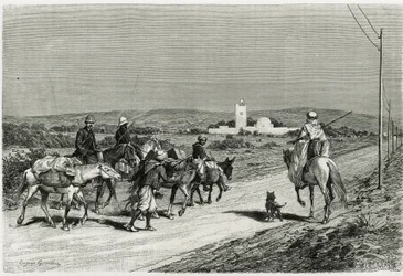 Vår trailer flyttar. Graverad av Eugene Girardet, för att illustrera berättelsen "" Voyage en Tunisie", av Rene Cagnat (1852-1937) historiker och Henri Saladin (1851-1923), arkitekt, beställd 1882-1883, av ministeriet för offentlig undervisning. Publicerad