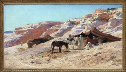 Lägret, oljemålning på duk av Eugene Girardet (1853-1907), läger för en grupp arabiska resenärer (beduiner) i ett landskap av sanddyner. Dämpa. 50x60 cm. Fotografi, KIM Youngtae, Nantes, Musee des Beaux Art de Nantes.