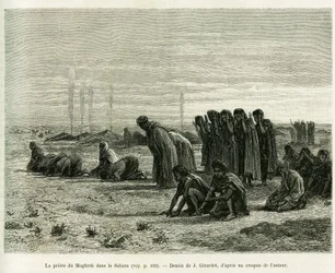 Maghreb-bönen i Sahara. Gravyr av J. Girardet, för att illustrera berättelsen Fem månader hos de nomadiska morerna i Västsahara av Camille Douls, 1887, i Le Tour du monde 1888, under ledning av Édouard Charton (1807-1890), Hachette, Paris