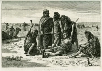 Järnen på fötterna. Gravyr av Eugène Girardet, för att illustrera berättelsen Fem månader hos Västsaharas nomadiska morer, år 1887, av Camille Douls, i Le Tour du monde 1888, under ledning av Édouard Charton (1807-1890), Hachette, Paris.