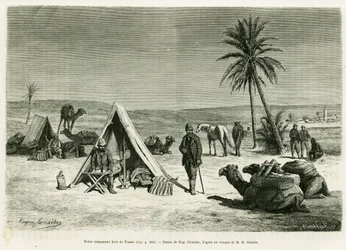 Resenärsläger i närheten av Tozeur. Gravyr av Eugene Girardet för att illustrera berättelsen Voyage en Tunisie, av R.Cagnat och H.Saladin, i le tour du monde 1886, regisserad av Edouard Charton (1807-1890), Hachette, Paris.