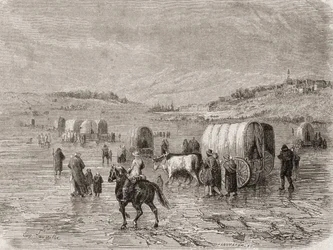 Ett vagnståg på väg västerut på 1860-talet, graverat av Stephane Pannemaker (1847-1930)