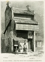 Ett Monkay-hus. Gravyr av Eugene Burnand, för att illustrera historien Sur les frontières du Tonkin, av doktor P.Neiss, i le tour du monde 1888, regisserad av Edouard Charton (1807-1890), Hachette, Paris.