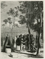 Dr. Harmand genomför en antropologisk mätning av den inhemska Khas, en Attopeu (Laos), gravyr av Eugene Burnand, för att illustrera historien om Laos och de vilda befolkningarna i Indokina av Dr. Harmand, 1877, publicerad i tour du monde, under