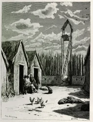 Missionstorget i Meuong Ngan. Gravyr av Eugene Burnand, för att illustrera berättelsen "Resan i övre Laos", 1880, av Dr. P.Neis. Publicerad i Le Tour du monde, nouveau journal des voyages, 2:a terminen 1885, redigerad av Edouard Charton (1807-1890), red.