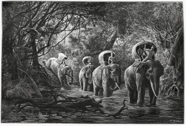 På väg in i skogen reser expeditionen på en elefants rygg. Gravyr av Eugene Burnand, för att illustrera berättelsen "Resan i övre Laos", 1880, av Dr. P.Neis. Publicerad i Le Tour du monde, nouveau journal des voyages, 2:a terminen 18