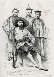 Porträtt av författaren, omgiven av hans reskamrater. Gravyr av Eugene Burnand för att illustrera berättelsen "Journey in Upper Laos", 1880, av Dr. P. Neis. Publicerad i Le Tour du monde, nouveau journal des voyages, 2:a halvåret 1885, redigerad av Edou.