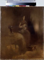 Kvinna med en bebis i knäet. Målning av Eugene Carriere (1849-1906)