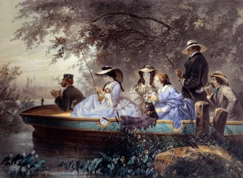 En söndag med familjen, fiske i floden Litografi av Eugene Guerard (1821-1866) 1800-talets Paris, Musee Carnavalet
