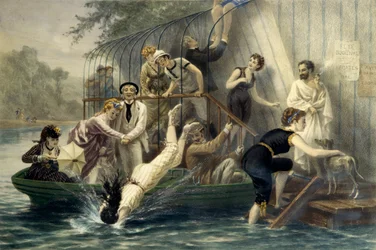 Ah! Det vackra huvudet, en söndag vid vattnet. Kvinna dyker i en baddräkt i vattnet på 1800-talet under skratt från roa sjömän. En kvinna i en båt skyddar sig från repor med sitt paraply. Gravyr av Eugene Guerard (1821-1866). Pr