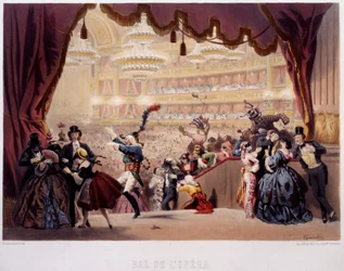 Maskbalen på Opera de la Rue Le Peletier i Paris Denna bal kallades Grand Veglione. Litografi av Eugene von Guerard (1811-1901) 1800-talets Paris, Musee Carnavalet
