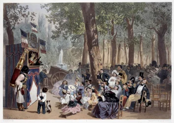 Showen av guignolerna på Champs Elysees i Paris på 1800-talet. Tryck av Eugene Guerard (1821-1866) 1800-talets Paris, Musee Carnavalet