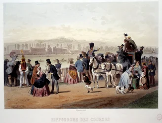 Utsikt över kapplöpningsbanan vid Bois de Boulogne Litografi av Eugene Guerard (1821-1866) 1800-talet. Paris, Musée Carnavalet