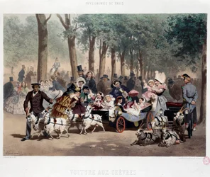 Gå med bil i Tuilerierna i Paris på 1800-talet Litografi av Eugene Guerard (1821-1866) 1800-talets Paris, Musee Carnavalet