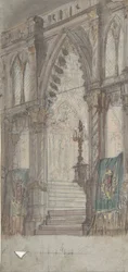 Design för en scenuppsättning på Opéran, Paris: Kyrkans inre, 1830-90.