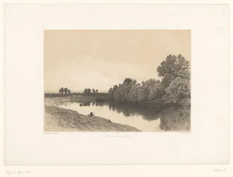 Flodlandskap med fiskare i kvällsljus Pittoreska landskap (serietitel) Croquis pittoresques (serietitel på objekt)