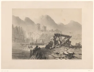 Stadsbild med hamn och berg