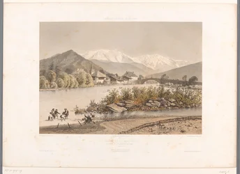 Utsikt över Saint-Martin-sur-Arve från Mont Blanc St. Martin och Mont-Blanc (titel på objekt) Gezichten i Schweiz, Savoy in Tirol (serietitel) Schweiz, Savojen och Tyrolen (serietitel på objekt)