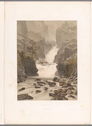 Utsikt över Barberine-vattenfallet nära Vallorcine Cascade de Barberine (titel på objekt) Ansikten i Schweiz, Savojen och Tyrolen (serietitel) La Suisse, la Savoie et le Tyrol (serietitel på objekt)
