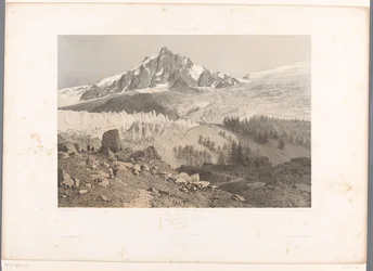 Utsikt över Bossons-glaciären i Chamonixdalen Glacier des Bossons, Chamonix (titel på objekt) Ansikten i Schweiz och Savoy (serietitel) La Suisse et la Savoie (serietitel på objekt)