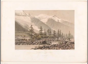 Utsikt över Chamonixdalen med floden Arve Vue pris dans la Vallée de Chamonix (titel på objekt) Ansikten i Schweiz, Savojen och Tyrolen (serietitel) La Suisse, la Savoie et le Tyrol (serietitel på objekt)