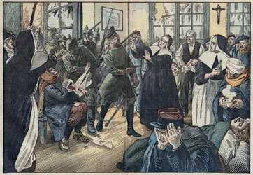 1914, första världskriget: Amelie Rigard, känd som syster Julie, försvarar de sårade på sitt sjukhus mot tyska soldater. Gerbeviller, Meurthe och Moselle (54). Illustration av Damblans. I "" Le Pelerin"" den 17 maj