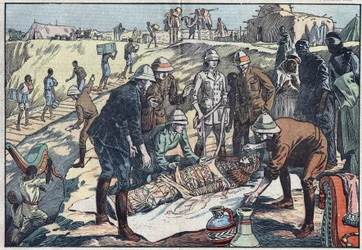 En engelsk mission, beställd av Earl Byron de Prorok (1896-1954), en arkeolog, upptäckte Tin-Hahans grav i Hoggar. Illustration av Damblans. I "" Le Pelerin"" av den 20 december 1925.