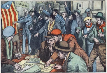 Katalanska separatister förbereder sin komplott i Paris. Illustration av Damblans. I "" Le Pelerin"" den 28 november