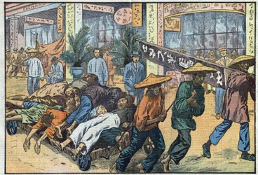 Inbördeskrig mellan nationalister och kommunister i Kina: efter de kommunistiska oroligheterna i Kanton staplas offrens lik på vagnar. Illustration av Damblans. I "Le Pèlerin" den 4 mars